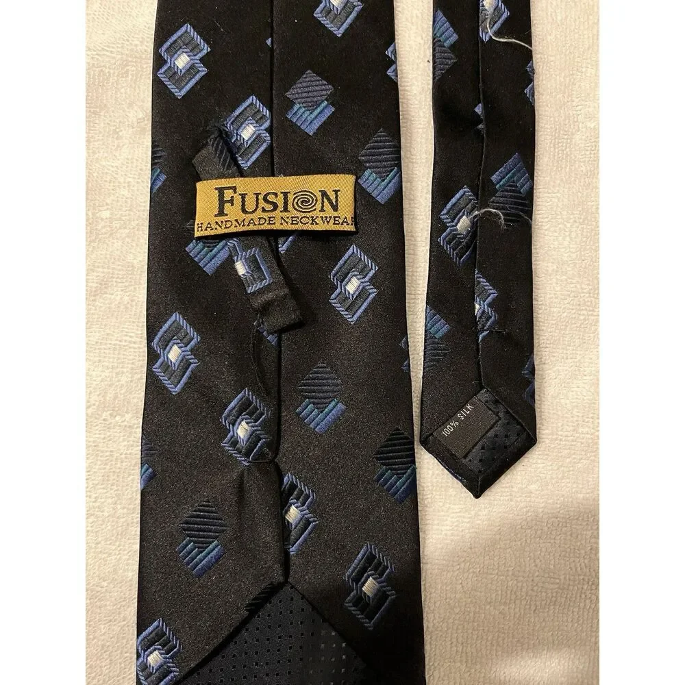 Fusion 100% Silk Tie: Black With Blue & White Geometric Pattern